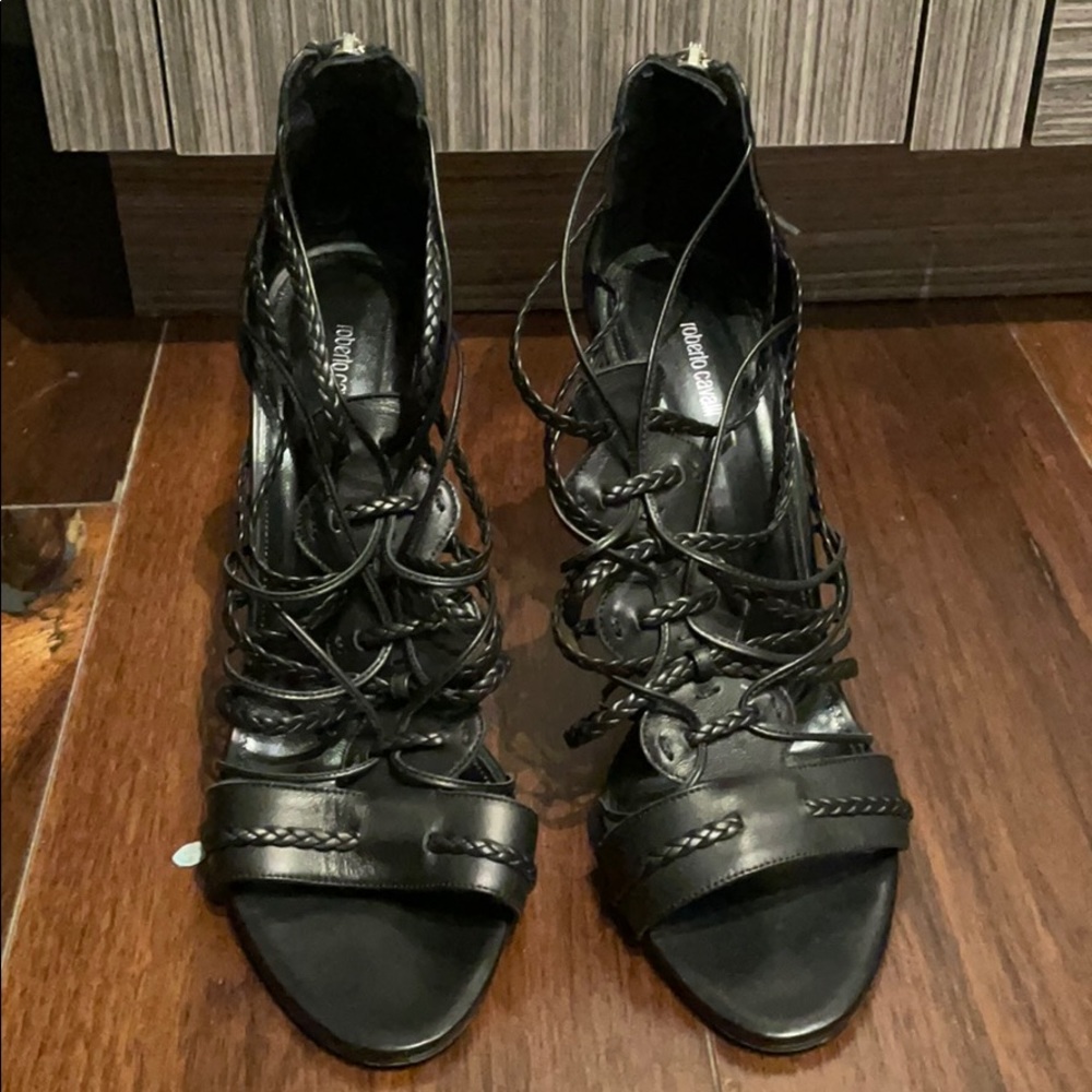 Roberto Cavalli Strappy Black Leather Sandals